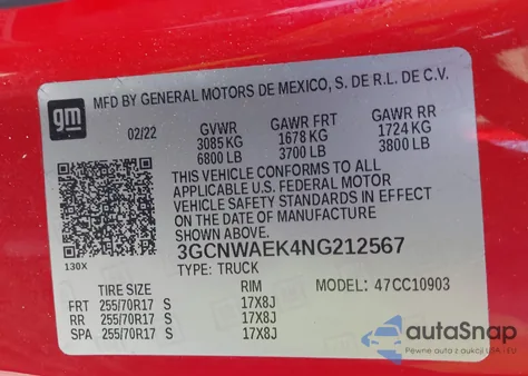 2022 Chevrolet Silverado 1500 Ltd 2Wd Long Bed Wt z USA, uszkodzony, nr VIN 3GCNWAEK4NG212567